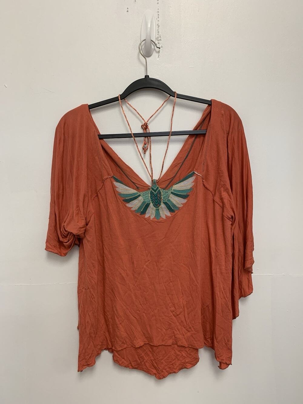 Free People Tunic Blouse Womens M Orange Embroidered V Neck 3/4 Sleeve Top